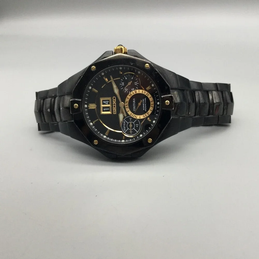 Seiko Coutura Mens Watch 41mm Black Stainless 7D46-0AC0 Kinetic Perpetual 7.25